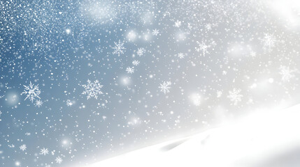 A serene winter scene with falling snowflakes and a snowy landscape.