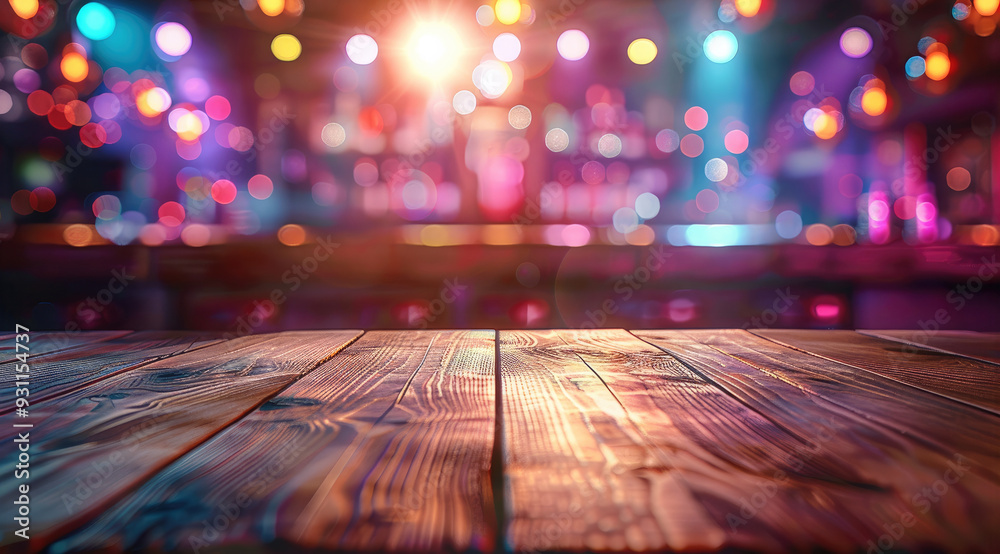 Aufkleber Empty wooden table with empty disco club on blurred background. Generative AI.