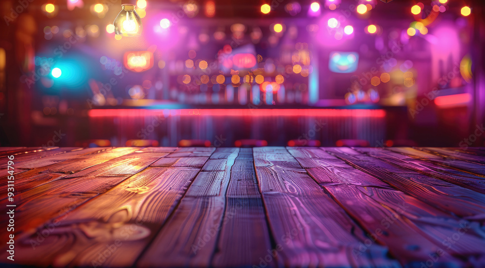 Aufkleber Empty wooden table with empty disco club on blurred background. Generative AI.