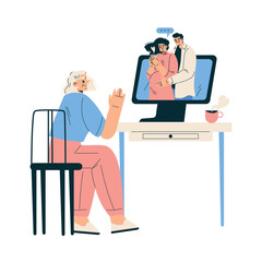 New Technologies with Senior Woman Character at Computer Have Video Call Vector Illustration