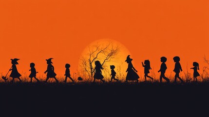 Fototapeta premium black shadow of Children dressed in Halloween fancy dress,party costume character collection,banner horror vector set design,kids party mascot collection,trick or treat,october season.