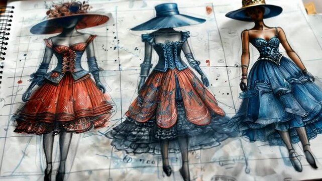 Creative fashion sketches of unique dresses with hats on an ornate design background