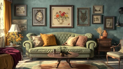 Vintage Living Room with Green Sofa, Floral Artwork, and Rustic Decor
