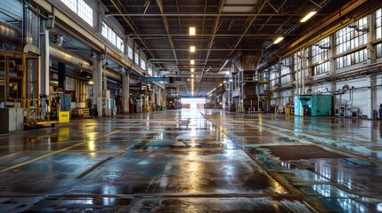 Obraz premium Interior photo of the factory. The interior is clean, tidy, and organized. The camera angle is realistic during the day.