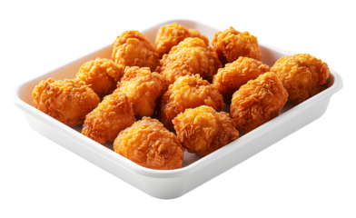 Top view yellow gold fried chicken nuggets crispy in white plastic box. Realistic food snack crispy template pattern. Isolated on cut out PNG or transparent background.