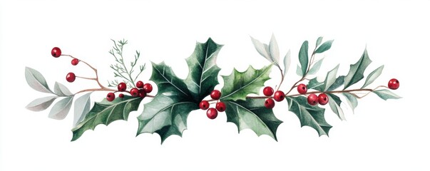 Naklejka premium holly leaves and berries, showcasing festive greenery against a white background.