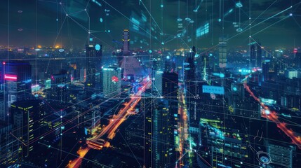 Cityscape with Digital Network Overlay at Night