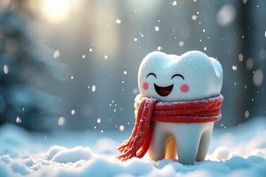 Cheerful tooth mascot smiling happily in winter snow against blurry background