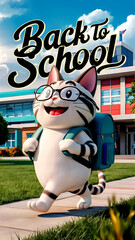  Back to school concept. Intelligent and beautiful 3D cartoon cat who has a backpack With his sleek fur and black eyes, he is smiling and running to school in happy mood. 4K HD high quality footage. 