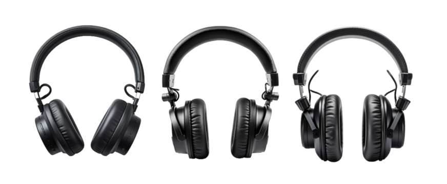 a set of black headphones isolated on white.