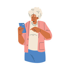 New Technologies with Senior Woman Character with Smartphone Vector Illustration