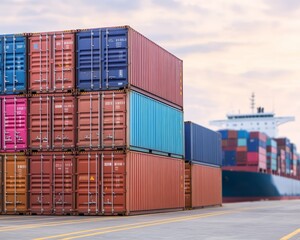 Fototapeta premium Colorful shipping containers stacked at a port, with a cargo ship in the background, highlighting global trade and logistics.