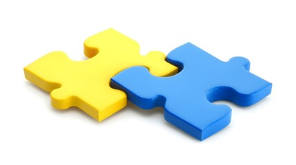 Fototapeta premium Two colored puzzle pieces connecting on a white background, symbolizing collaboration and connection in educational planning for special needs students, emphasizing inclusivity and teamwork
