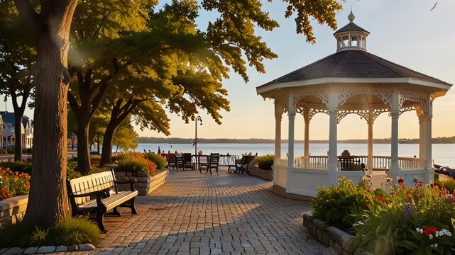 view of a small town on the edge of a lake with gazebo buildings, looping video that must be 4k animation.
