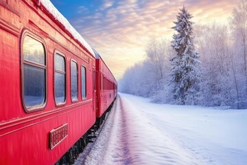 Obraz premium Winter train journey snowy landscape at sunrise