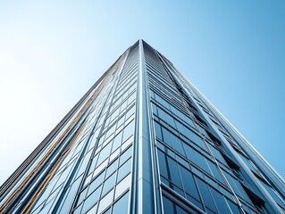Obraz premium Low angle view of a modern skyscraper against a clear blue sky.
