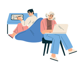 New Technologies with Man and Woman Character with Tablet and Laptop Drawing Vector Illustration