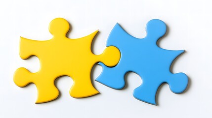 Fototapeta premium Two colored puzzle pieces connecting on a white background, symbolizing collaboration and connection in educational planning for special needs students, emphasizing inclusivity and teamwork