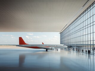 Modern airport interior with a sleek aircraft parked near large glass windows, showcasing a spacious and bright environment.