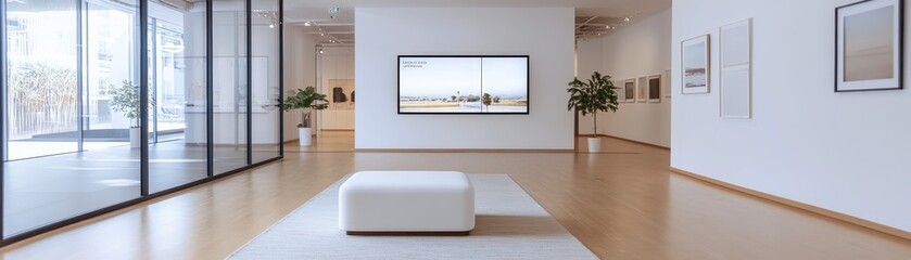 Fototapeta premium Modern art gallery featuring minimalistic design, large windows, and elegant decor, ideal for showcasing art and photography.