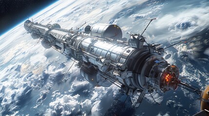 A detailed image of a large futuristic spaceship orbiting Earth, showcasing advanced technology and stunning space views.