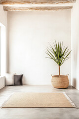 Minimalist living space with neutral tones and natural elements