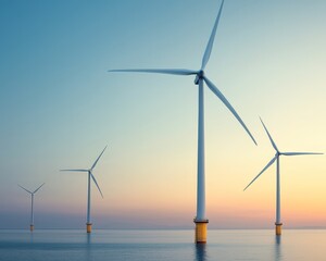 Wind turbines stand tall against a vibrant sunset sky, reflecting in calm water.