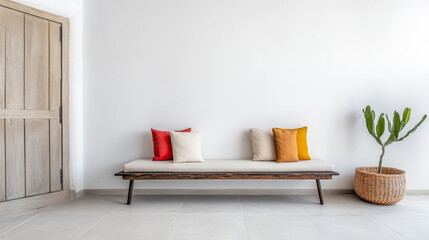 Contemporary seating with colorful cushions in a bright room