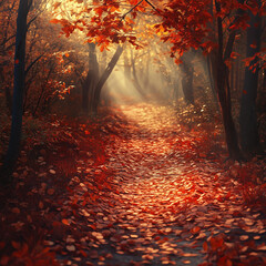 autumn forest path with sunlight rays
