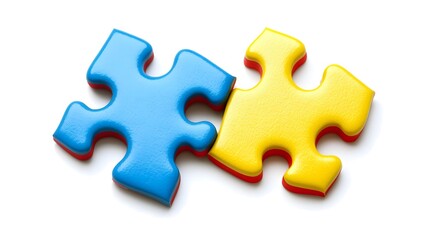 Obraz premium Two colored puzzle pieces connecting on a white background, symbolizing collaboration and connection in educational planning for special needs students, emphasizing inclusivity and teamwork