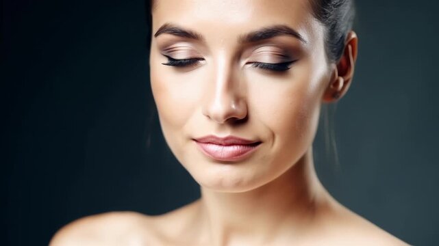 Beautiful young woman with perfect skin is posing with professional eyeshadow makeup, highlighting her eyes and cheekbones