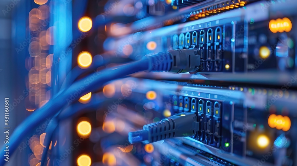 Wall mural internet lan cable in a modern server room for storing and transmitting information through a secure