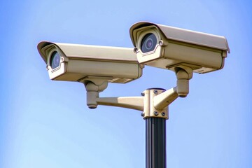 Dual security cameras clear blue sky background