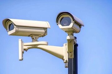 Security surveillance cameras blue sky background