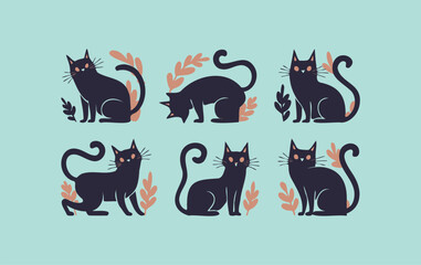 Set of flat black cat with yellow eyes in different poses, black kitty vector style