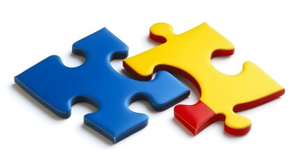 Two colored puzzle pieces connecting on a white background, symbolizing collaboration and connection in educational planning for special needs students, emphasizing inclusivity and teamwork