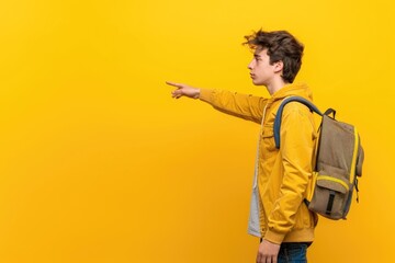 Naklejka premium Smiling teenage boy with messy hair wearing a yellow jacket and backpack pointing forward in front of a plain yellow background.