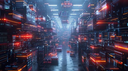 Fototapeta premium Abstract cyber world with rows of multiple stacks of boxes and merchandise, futuristic warehouse 