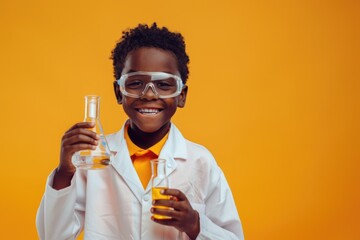 Boy in lab coat and safety goggles holding two glass flasks. Bright orange background. ai