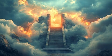 Obraz premium Stairs leading to the gates of heaven amid clouds 