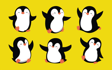Set of minimalist cute penguins, adorable penguins in happy mood isolated on yellow background