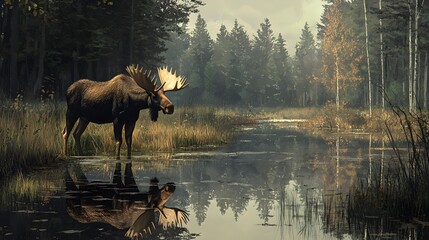 Moose Reflection in Forest Lake.