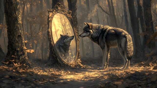 Wolf Reflection in the Forest.