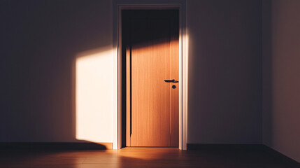 beam of light shines through the edges of a closed door, casting a soft glow that highlights the cracks and borders. The image evokes themes of hope, mystery, and the potential for new beginnings beyo