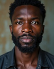 Obraz premium Portrait of a serious African man with short hair and a beard against a simple background.