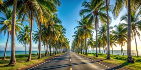 Fototapeta premium Beautiful beach road lined with coconut trees, beach, road, coconut trees, tropical, paradise, scenic, landscape
