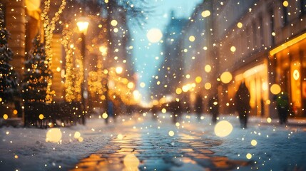 Snowy City Street with Christmas Lights and Bokeh.