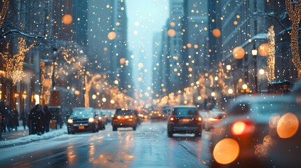 Obraz premium Snowy City Street at Night.