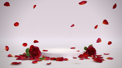 Podium for product display with red roses and petals falling on white background