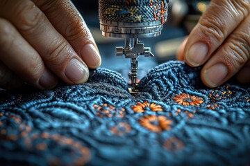 Close-up of hands repairing a garment tear using a sewing machine, highlighting the detailed repair process. Professional shot emphasizing meticulous craftsmanship.
